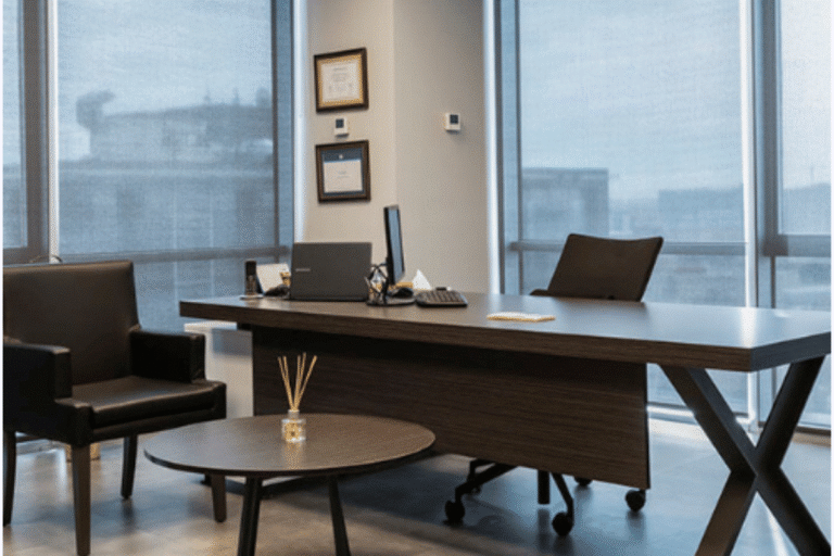 Height-adjustable smart office desk with built-in technology for productive workspaces