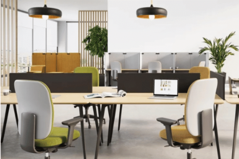 Modern office workstations with ergonomic desks and storage solutions